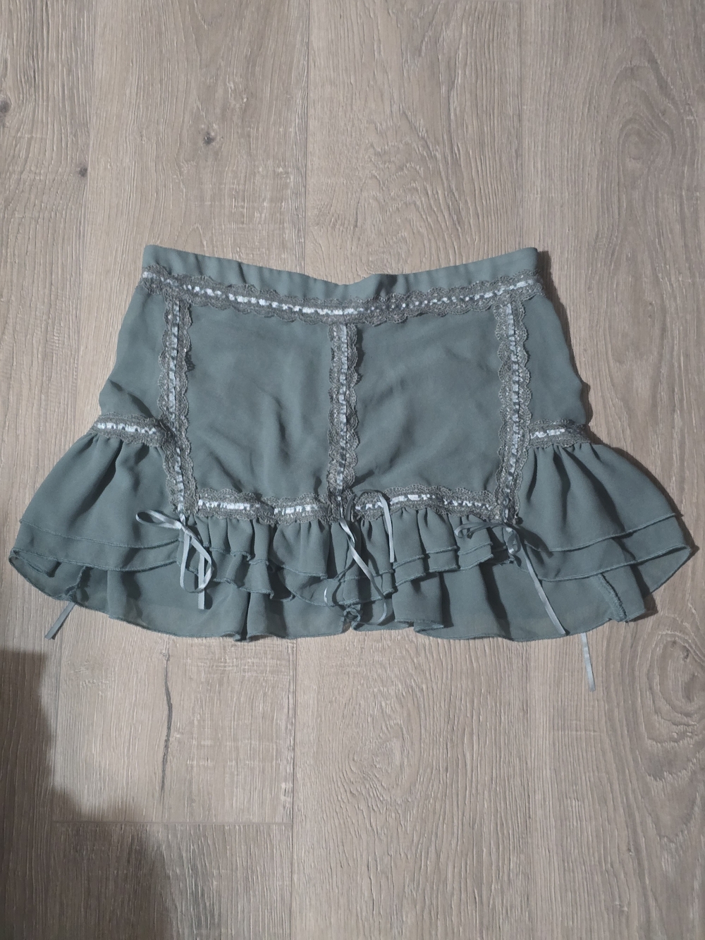 Ruffled Sheer Sage Green Mini Skirt with Lace Trim